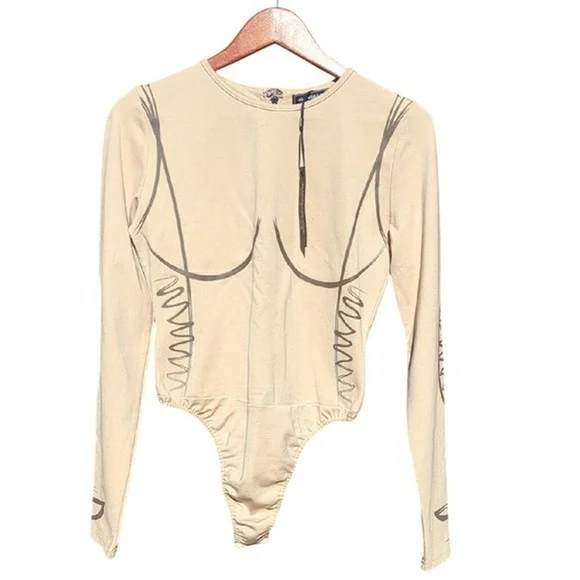 MANIERE DE VOIR Corset Detail Long Sleeve Bodysuit Beige,Stretch Contour Size 16 - Picture 2 of 9